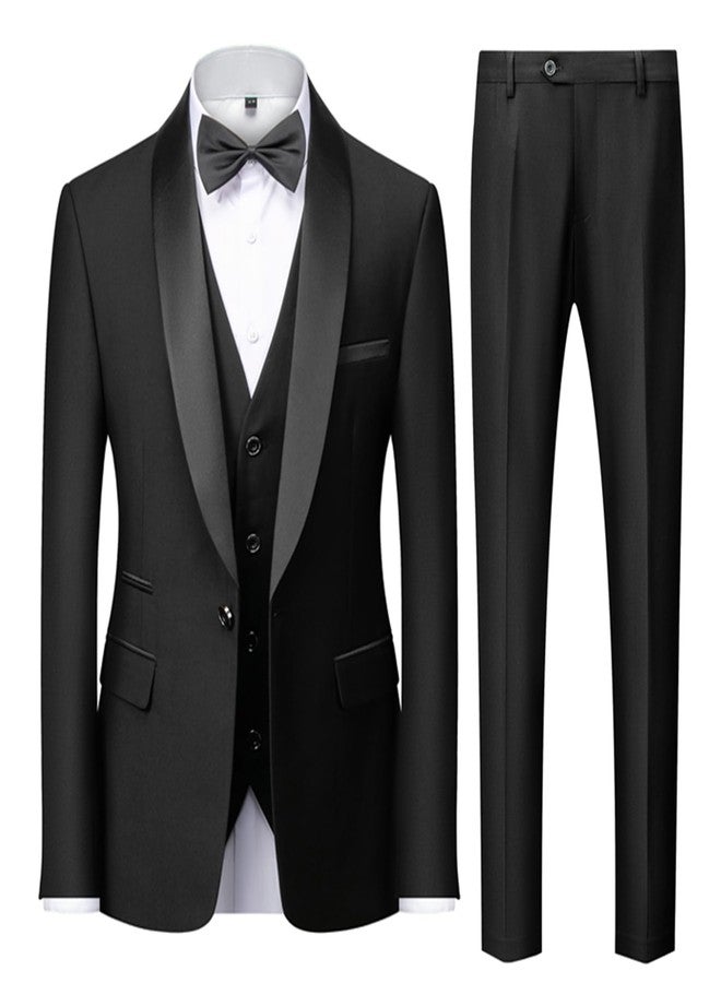 UNINUKOO Mens 3 Piece Suit Slim Fit Dress Tux Suits for Men Solid Color Wedding Classic Tuxedo Set US Size L Black - Image 2